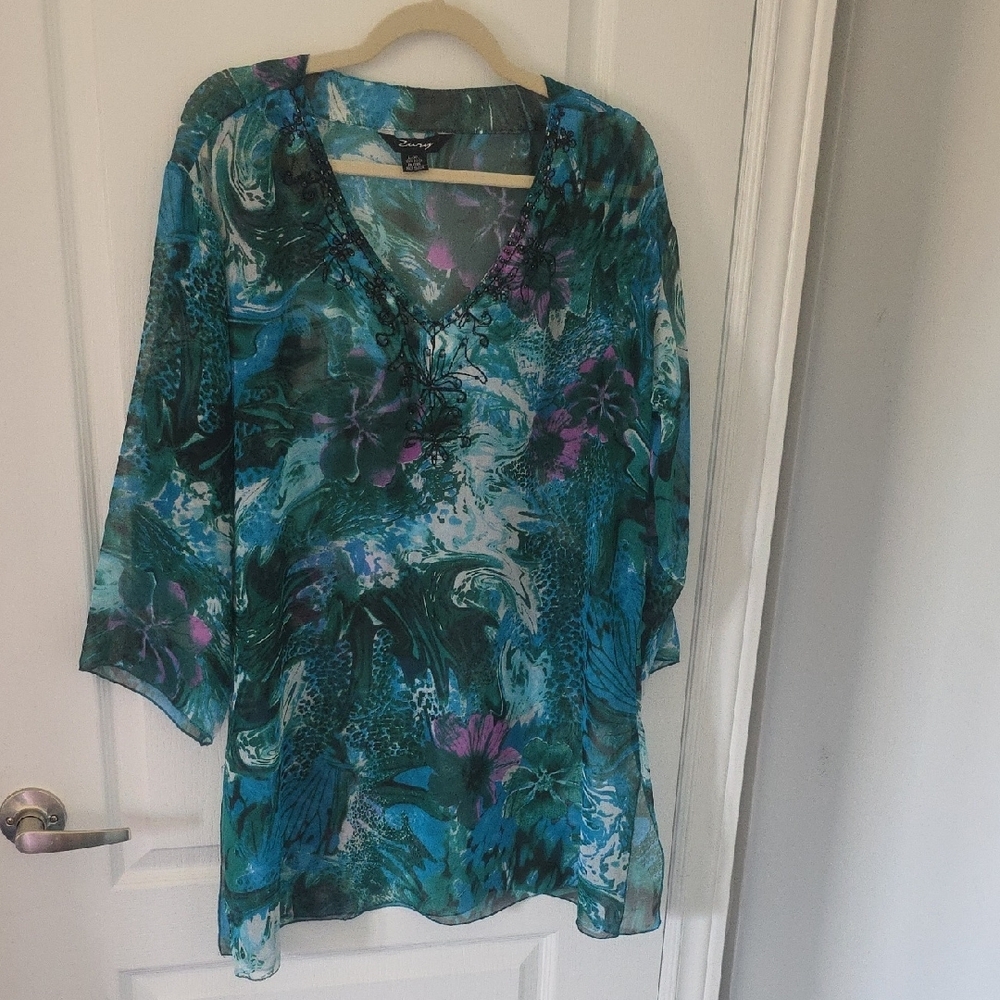 Blue Green 3/4 Sleeve Relaxed Tunic